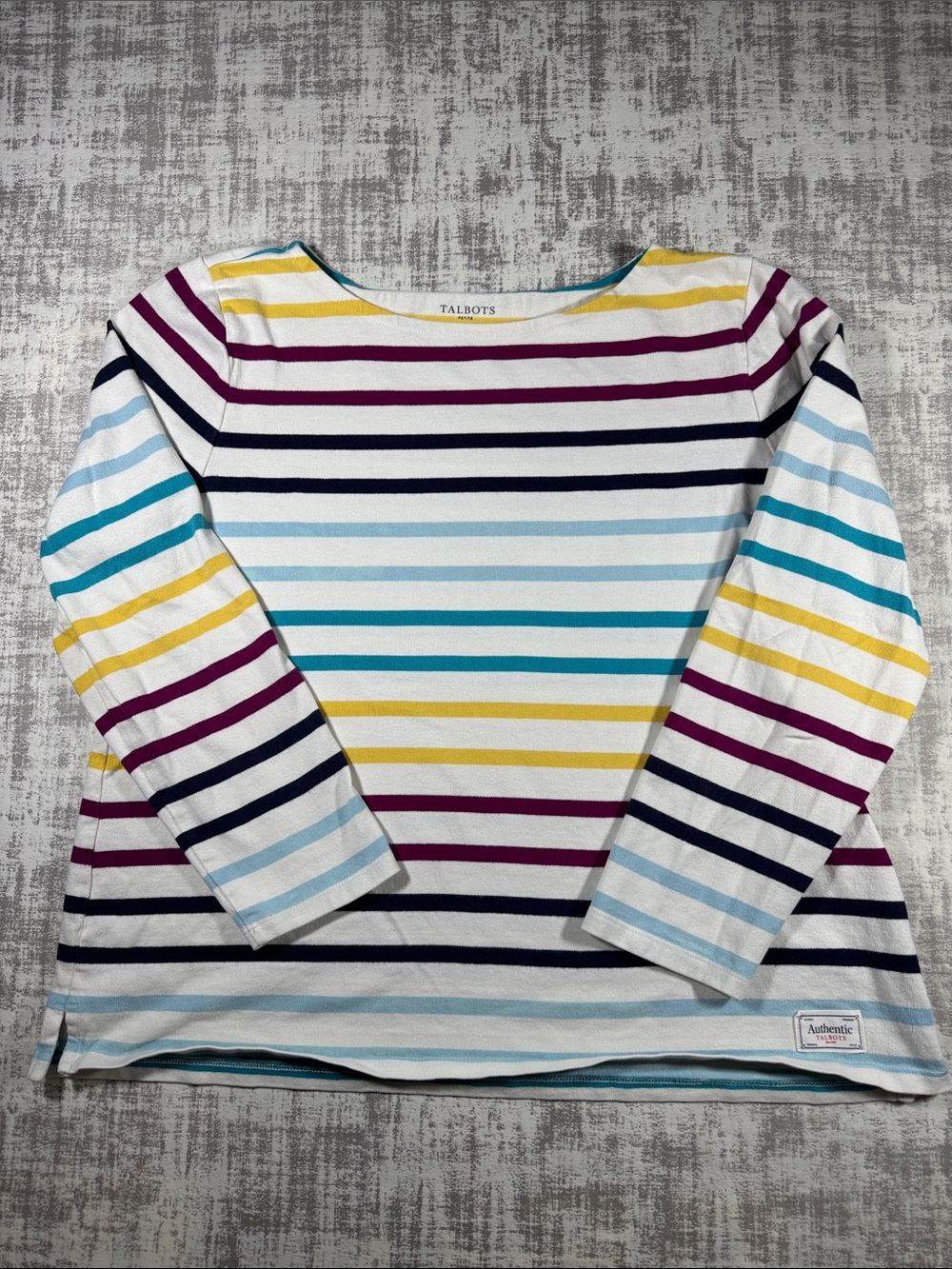 Talbots White Boatneck Top with Teal, Yellow, Navy & Plum Stripes sz XLP petite